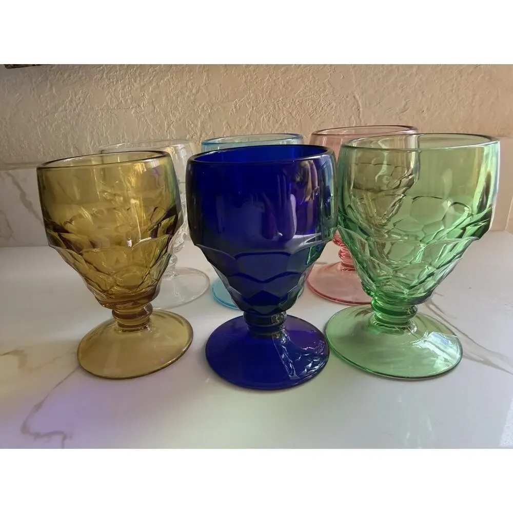 Vintage Viking Glass Georgian Thumbprint Honeycomb Water Goblet 5.5x4” Set Of 6